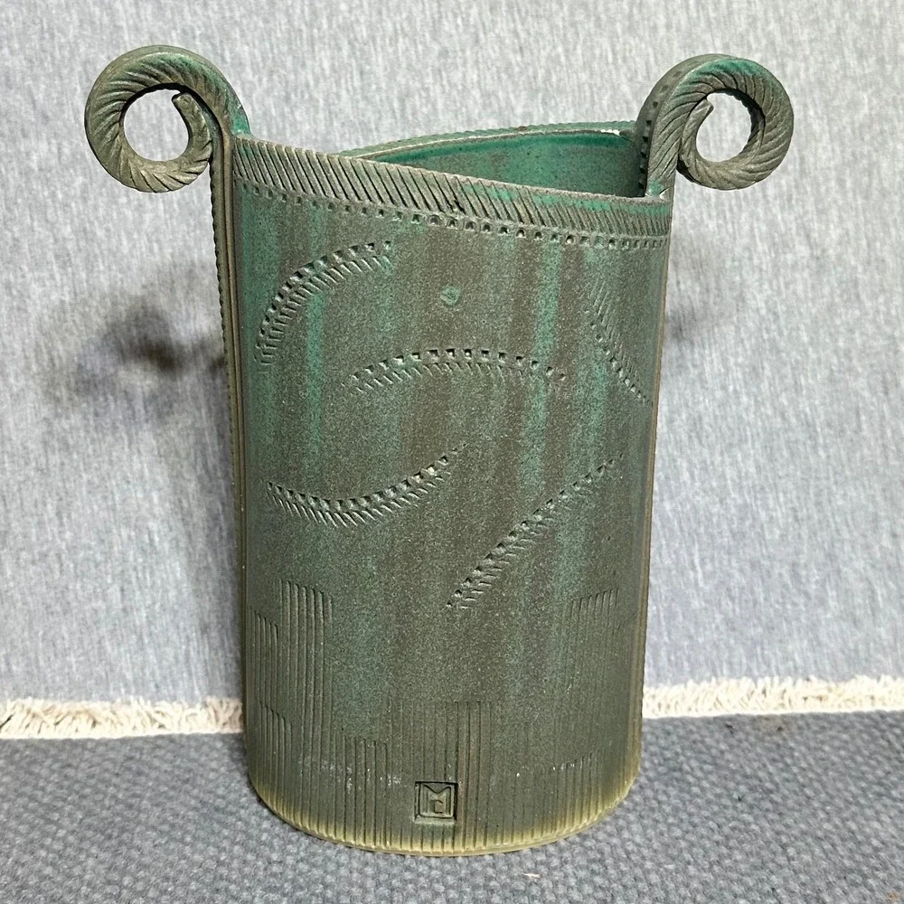 VTG Clayton Macone Clay Funky Oval Pottery Vase Stoneware Aqua color hand molded